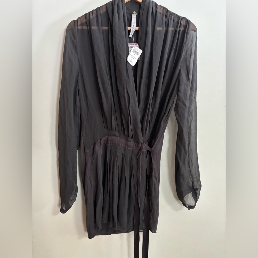 Miilla Silk Chiffon Tie Front Cardigan Charcoal L Large NWT